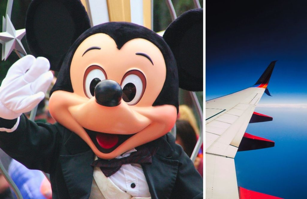 Mickey Mouse Waving next to Southwest Airplane. Keep reading to learn what the best airport for Disney is. LAX or John Wayne and how to prevent jet lag flying to Disney.