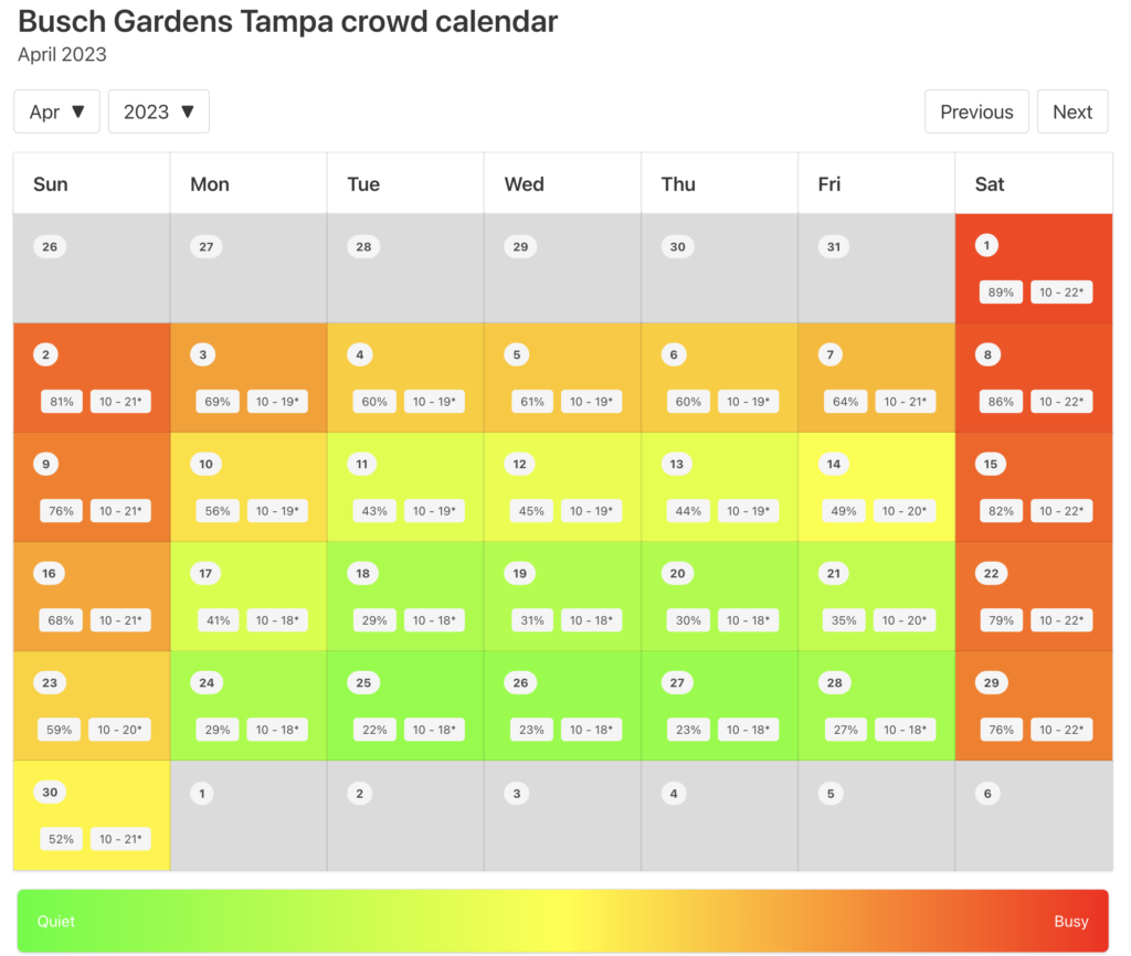 Busch Gardens Tampa Crowd Calendar April 2023