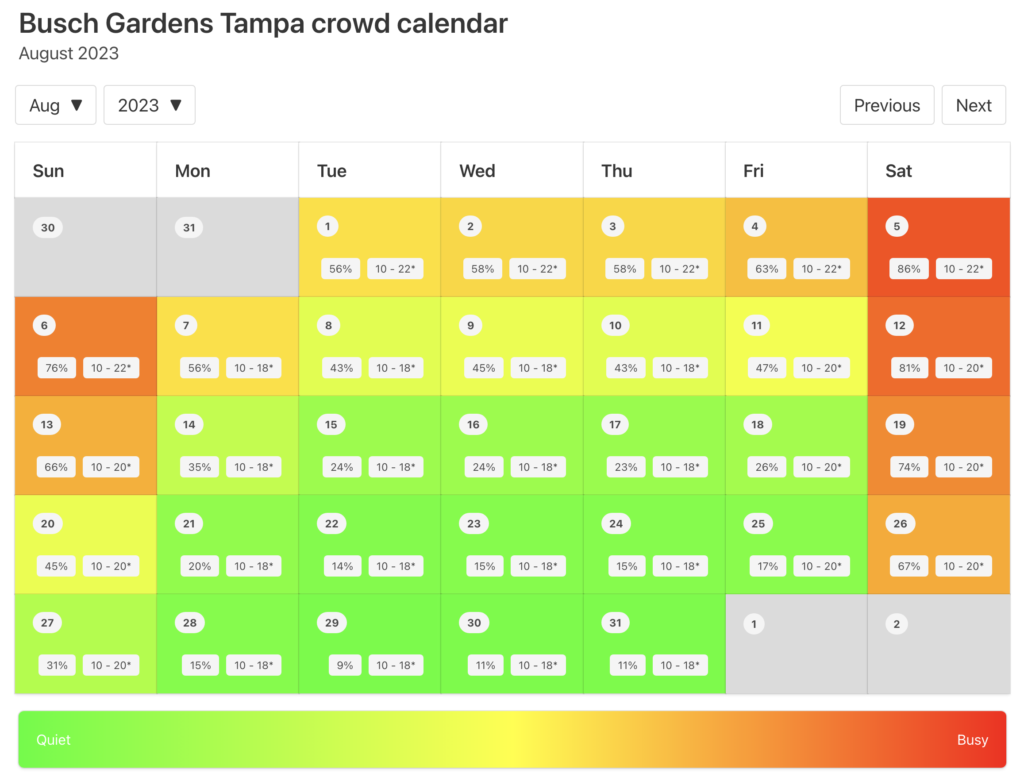 Busch Gardens Tampa Crowd Calendar August 2023