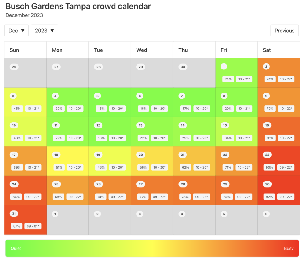 Busch Gardens Tampa Crowd Calendar December 2023