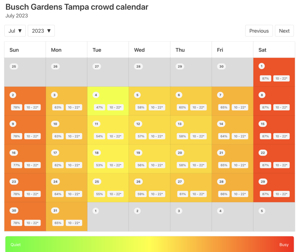 Busch Gardens Tampa Crowd Calendar July 2023