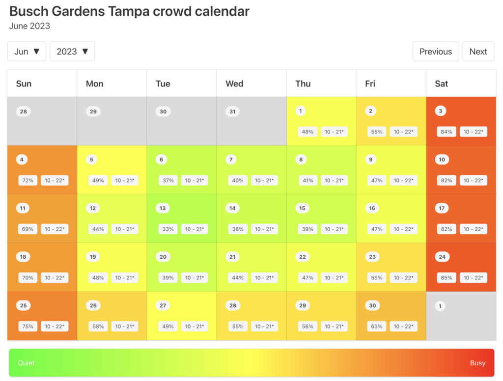 Busch Gardens Tampa Crowd Calendar June 2023