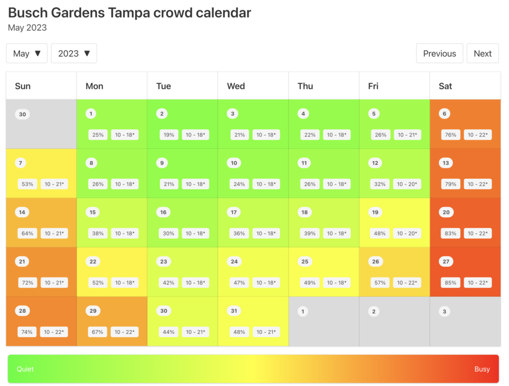 Busch Gardens Tampa Crowd Calendar May 2023