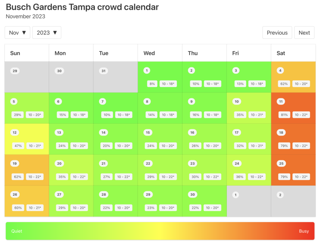 Busch Gardens Tampa Crowd Calendar November 2023