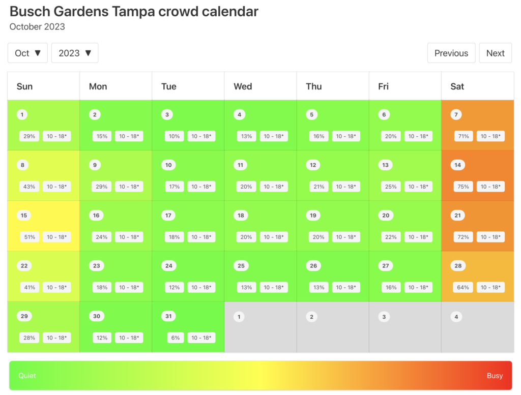 Busch Gardens Tampa Crowd Calendar October 2023