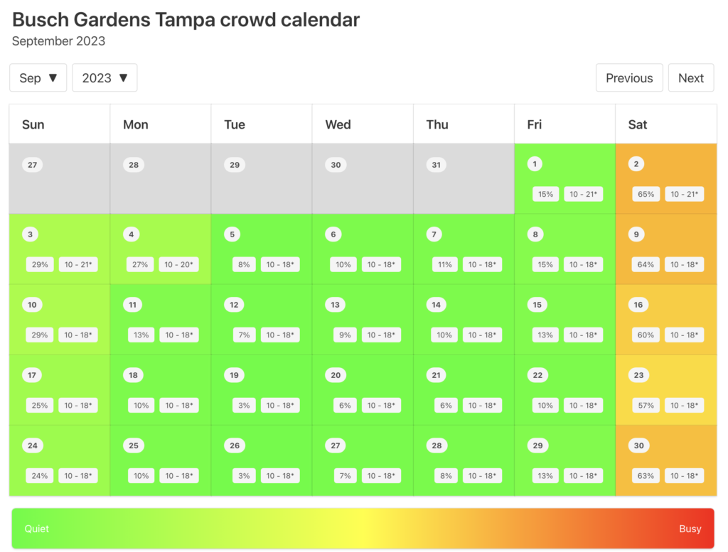Busch Gardens Tampa Crowd Calendar September 2023