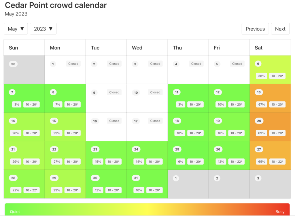 Cedar Point Crowd Calendar May 2023