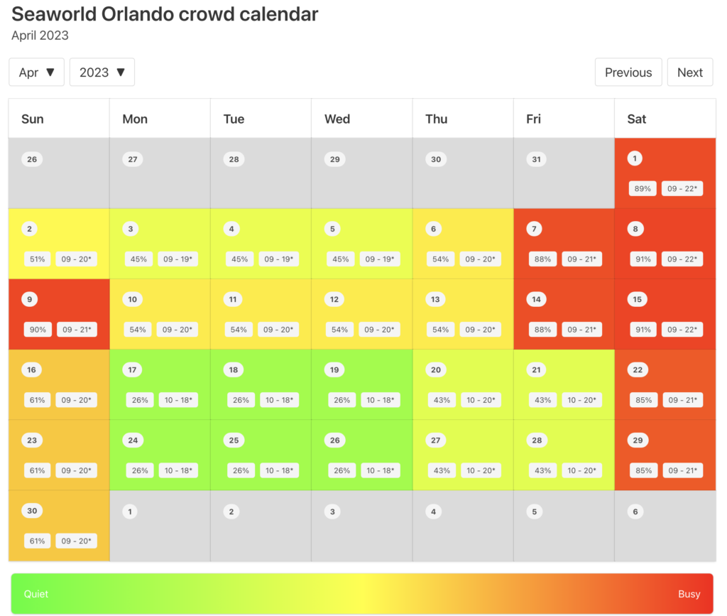 SeaWorld Orlando Crowd Calendar April 2023