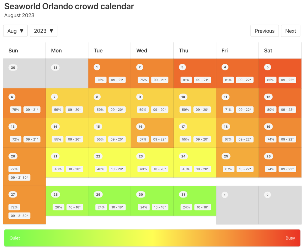 SeaWorld Orlando Crowd Calendar August 2023