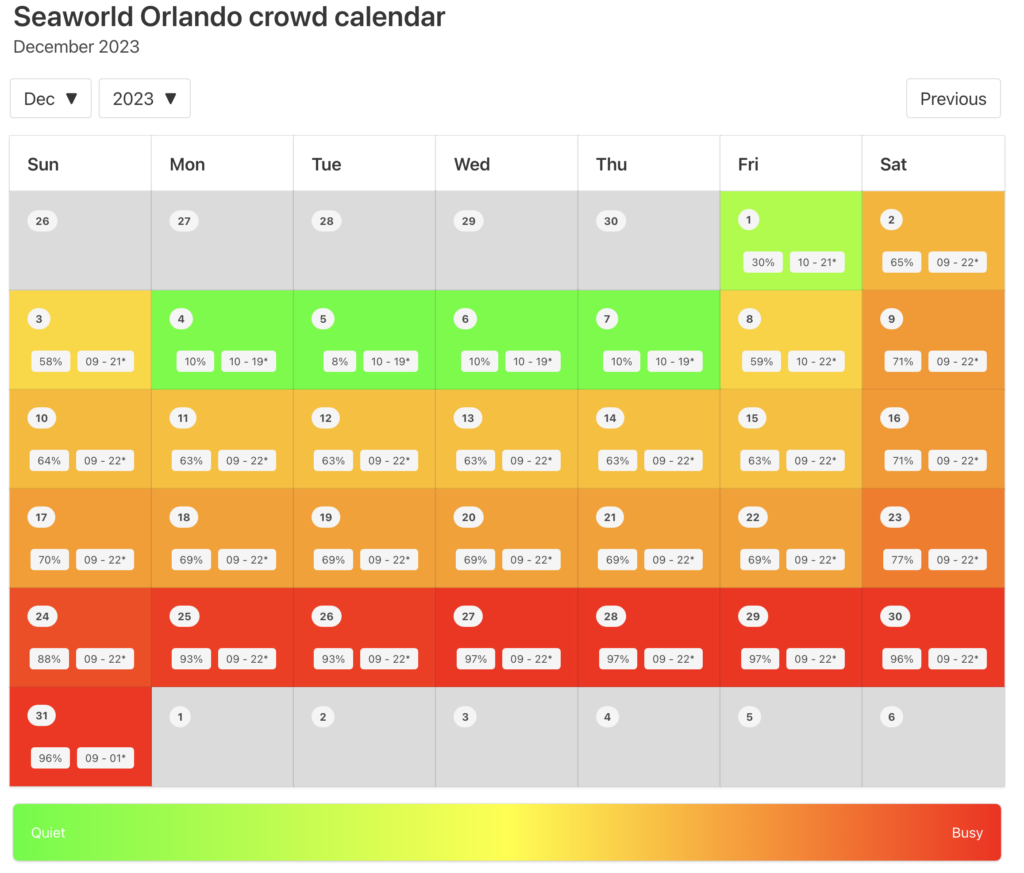 SeaWorld Orlando Crowd Calendar December 2023