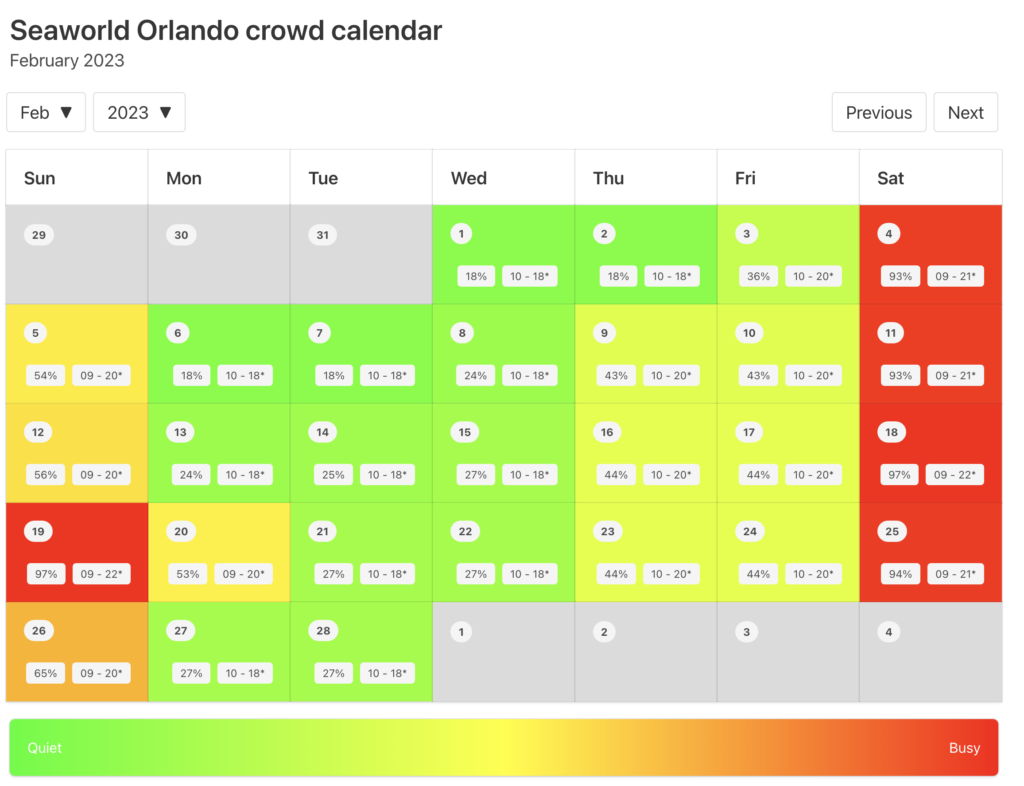 SeaWorld Orlando Crowd Calendar February 2023