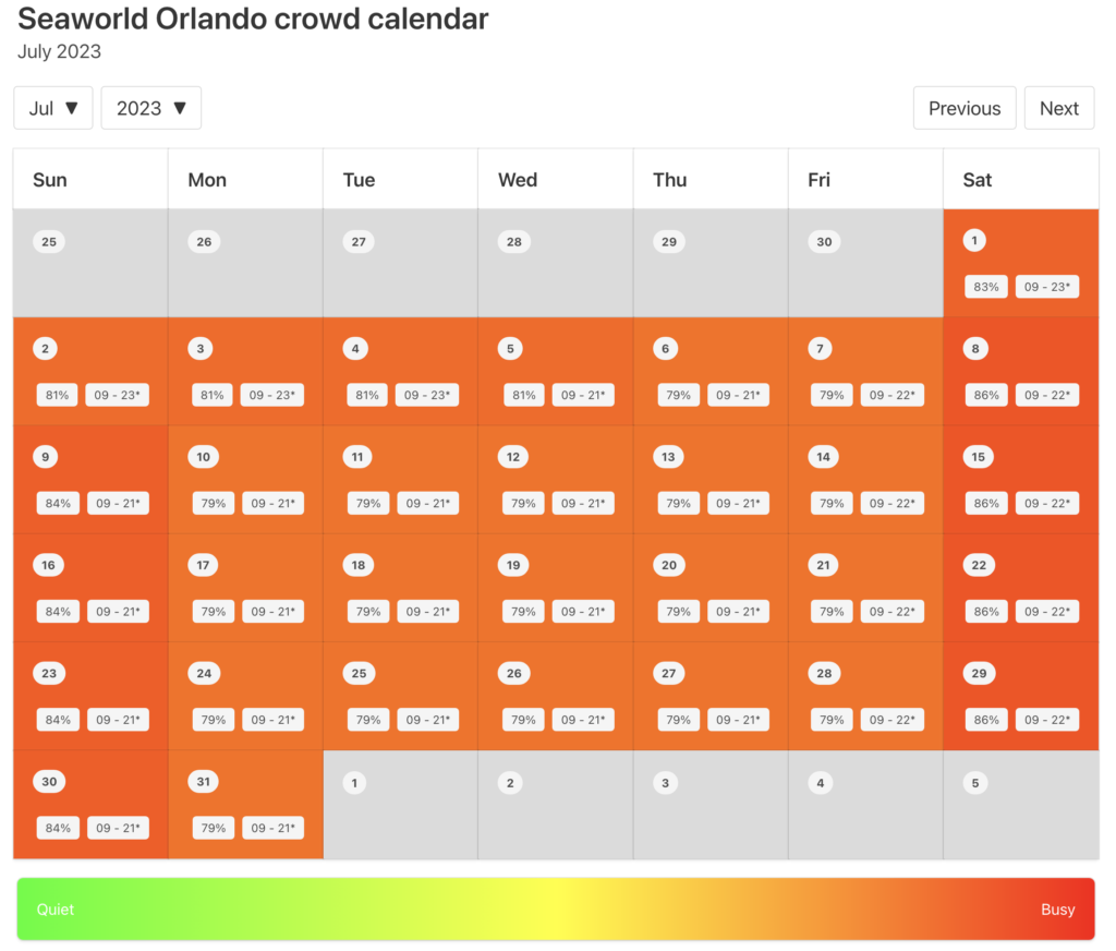 SeaWorld Orlando Crowd Calendar July 2023