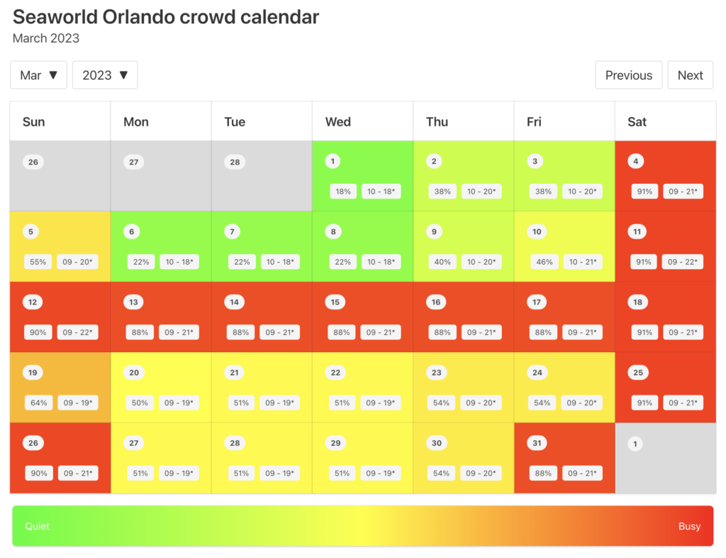 SeaWorld Orlando Crowd Calendar March 2023