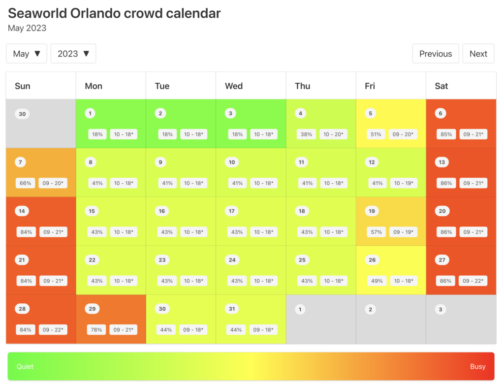 SeaWorld Orlando Crowd Calendar May 2023