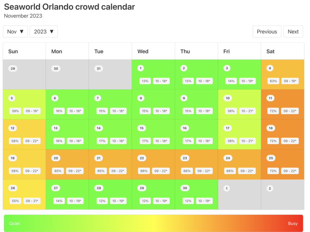 SeaWorld Orlando Crowd Calendar November 2023