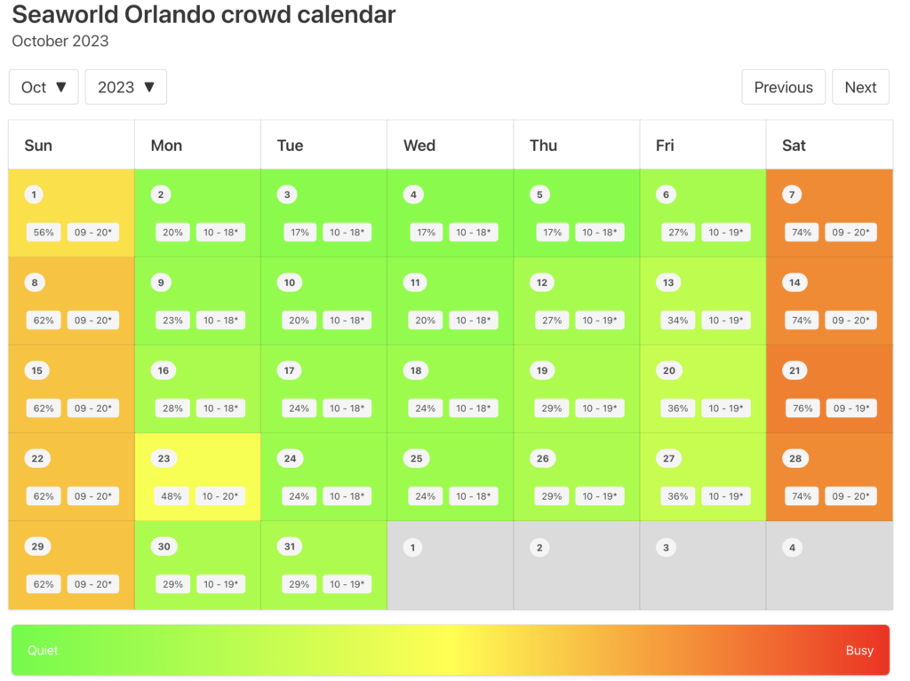 SeaWorld Orlando Crowd Calendar October 2023