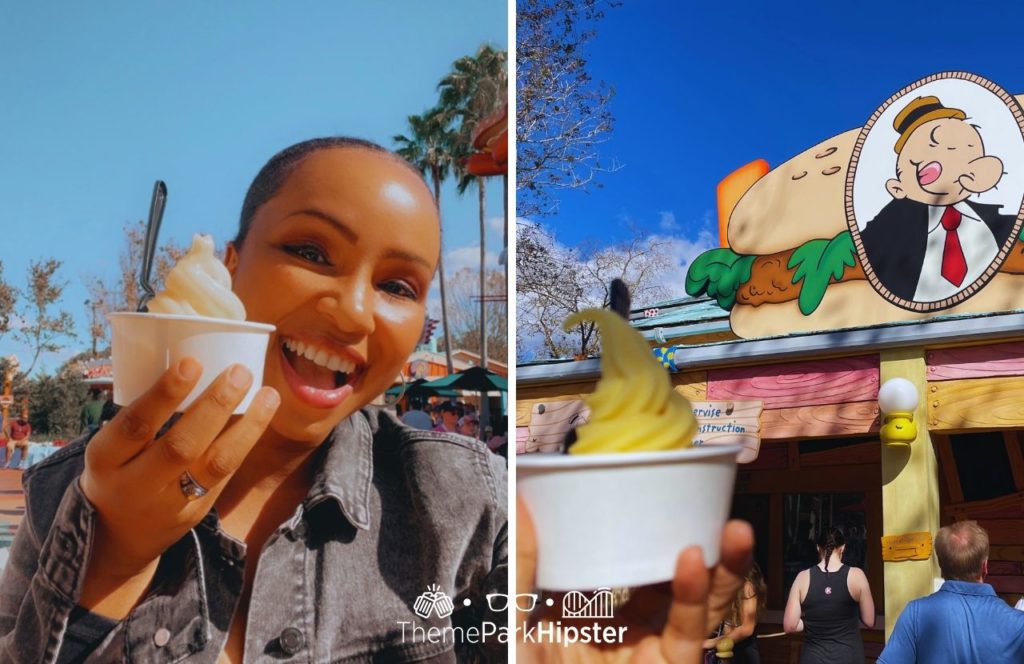 Universal Orlando Resort NikkyJ eating Dole Whip at Wimpy's in Islands of Adventure Toon Lagoon having the best food at Islands of Adventure for cheap. Keep reading to learn what to do this summer at Universal Orlando Resort. 