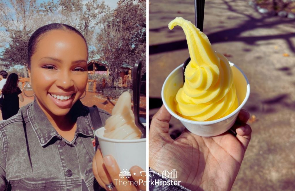 Universal Orlando Resort NikkyJ eating Dole Whip at Wimpy's in Islands of Adventure Toon Lagoon. Keep reading to get the best things to do at Universal Islands of Adventure on a solo trip.