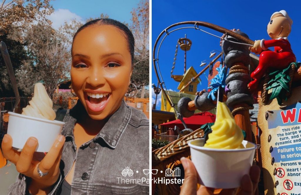 Universal Orlando Resort NikkyJ eating Dole Whip at Wimpy's in Islands of Adventure Toon Lagoon. Keep reading to see why you should do solo travels to theme parks!