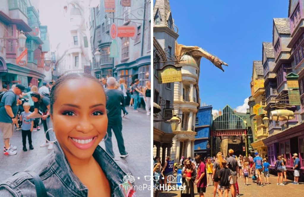 NikkyJ in Diagon Alley in the Wizarding World of Harry Potter Universal Orlando Resort with a giant dragon on top of Gringotts Bank. Keep reading to discover the top things to do on a Universal Studios solo trip.
