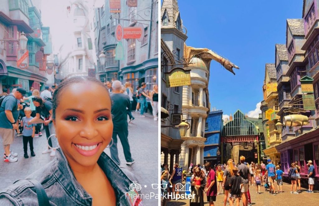 Universal Orlando Resort NikkyJ in Diagon Alley in the Wizarding World of Harry Potter with Dragon on top of Gringotts Banks. Keep reading to get the full guide on how to travel alone on your solo trip.