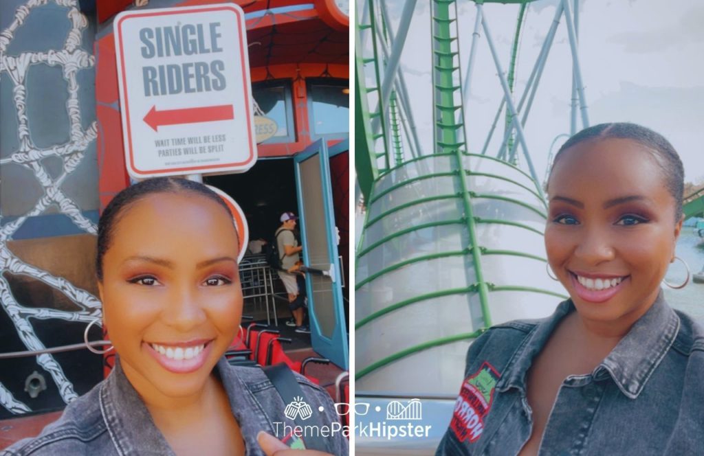 NikkyJ in front of Spider Man Single Rider line and the Hulk Roller Coaster at Universal Orlando Resort.  Keep reading to discover the top things to do on a Universal Studios solo trip.