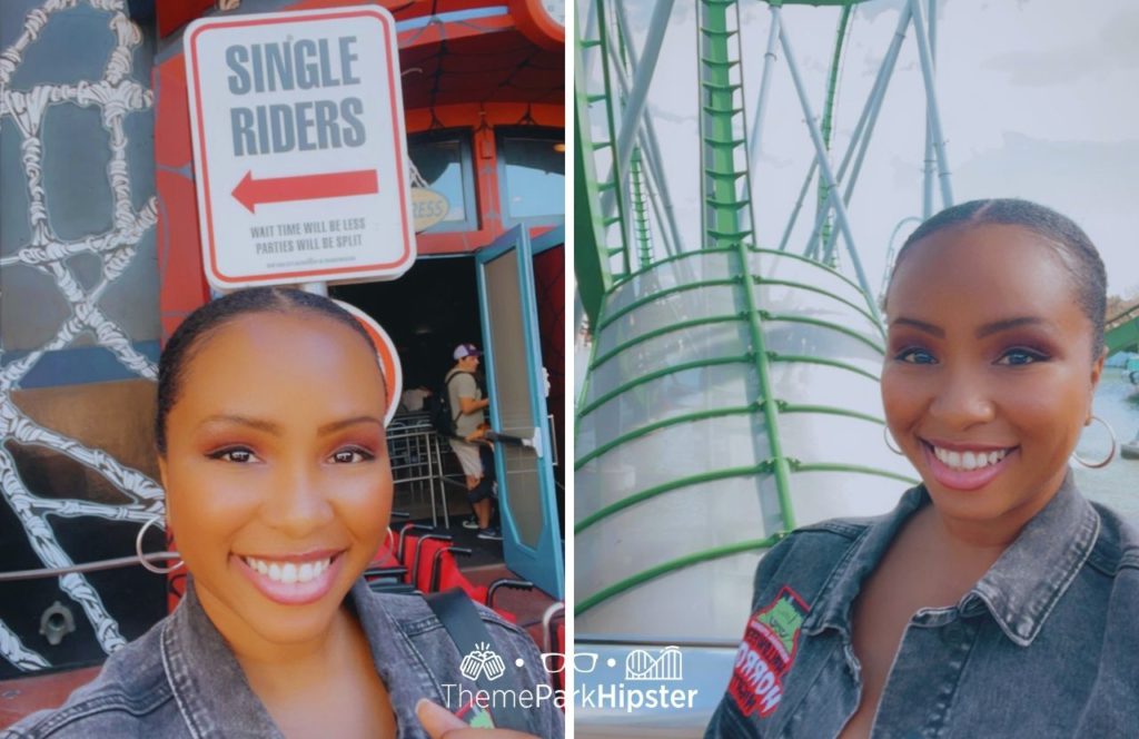 NikkyJ in front of Spider Man Single Rider line and the Hulk Roller Coaster at Universal Orlando Resort. Keep reading to learn more about Universal Orlando Coasters: Hulk vs VelociCoaster.