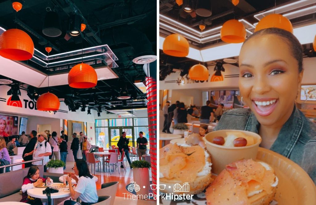 Universal Orlando Resort Today Cafe at Universal Studios Florida with NikkyJ eating Salmon Lox and Bagel. Keep reading to get the top 5 best restaurants at Universal Studios Orlando.