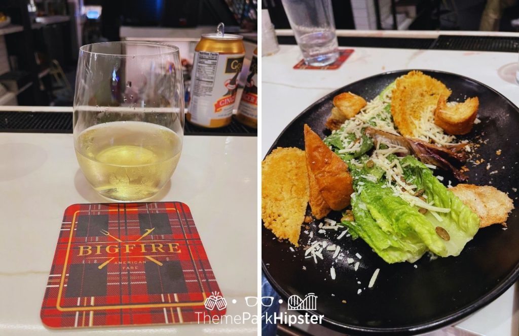 Universal Orlando Resort White Wine and Caesar Salad at Big Fire Grill in Citywalk. One of the best restaurants in Universal Orlando CityWalk.