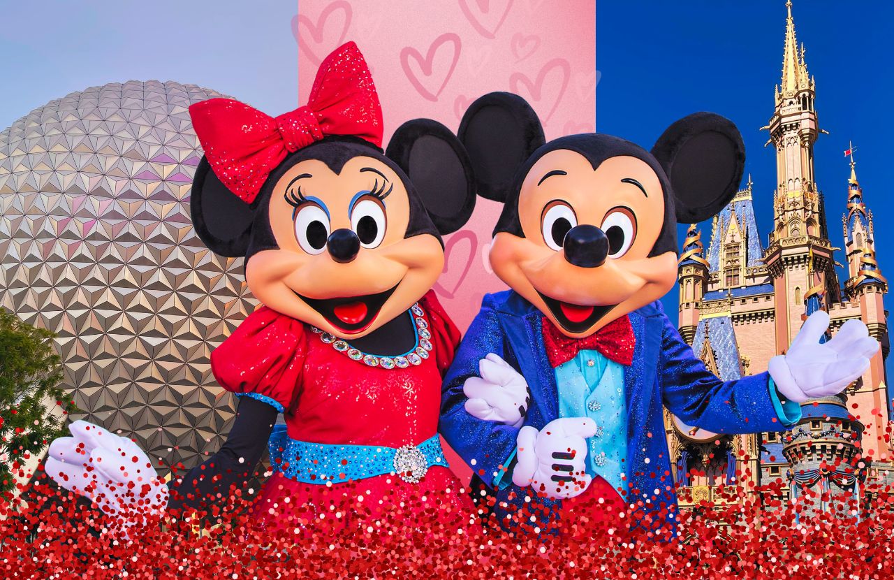 What to Wear to Disney World in February with Mickey and Minnie Mouse in front of Spaceship Earth and Cinderella Castle