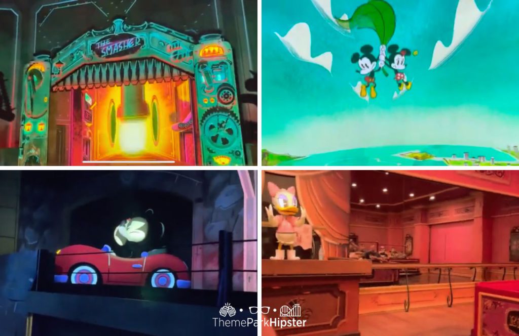 Alley Smasher Scene, Water Scene, Ballroom Scene on Mickey and Minnie’s Runaway Railway at Disneyland and Disney World