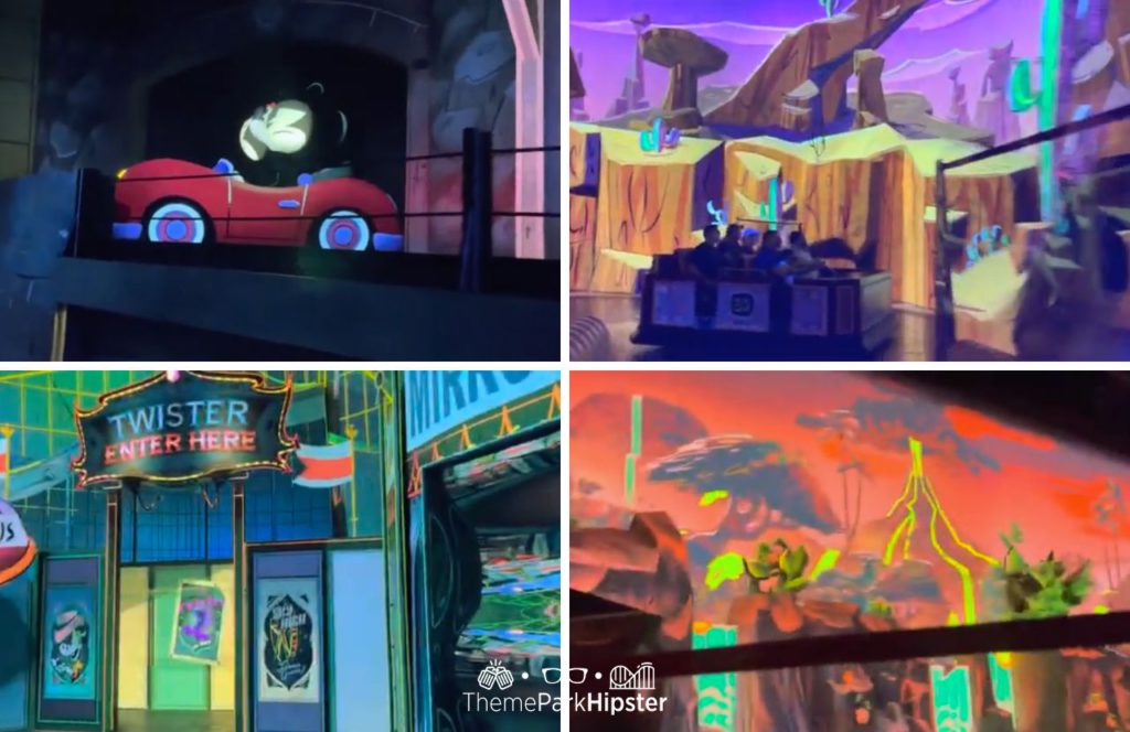 Car Scene, Twister Scene, Western Scene, Volcano Scene on Mickey and Minnie’s Runaway Railway at Disneyland and Disney World