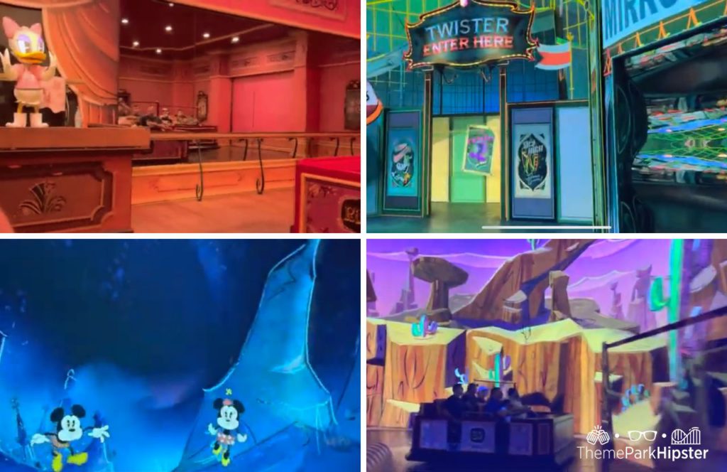 Daisy Ballroom scene, Water Scene, Twister Scene, and Western Scene on Mickey and Minnie’s Runaway Railway at Disneyland and Disney World