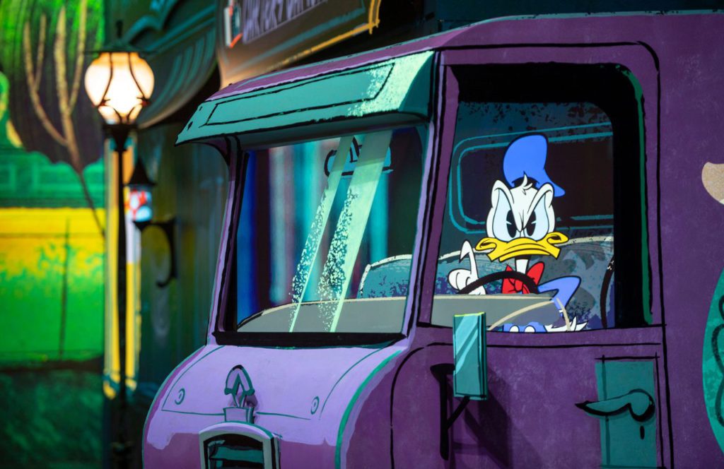 Donald Duck in Factory Scene on Mickey and Minnie’s Runaway Railway at Disneyland and Disney World