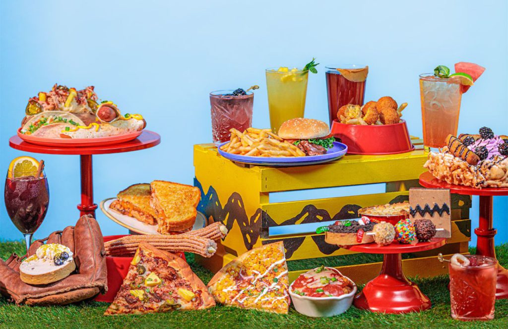 Knott's Berry Farm Peanuts Celebration Food 2023 Pizza, Funnel Cake, Boysenberry Drink