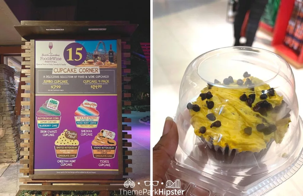 Busch Gardens Tampa Food and Wine Festival Cupcake Corner Menu with Iron Gwazi, Sheikra, Cheetah Hunt and Tigris Cupcake