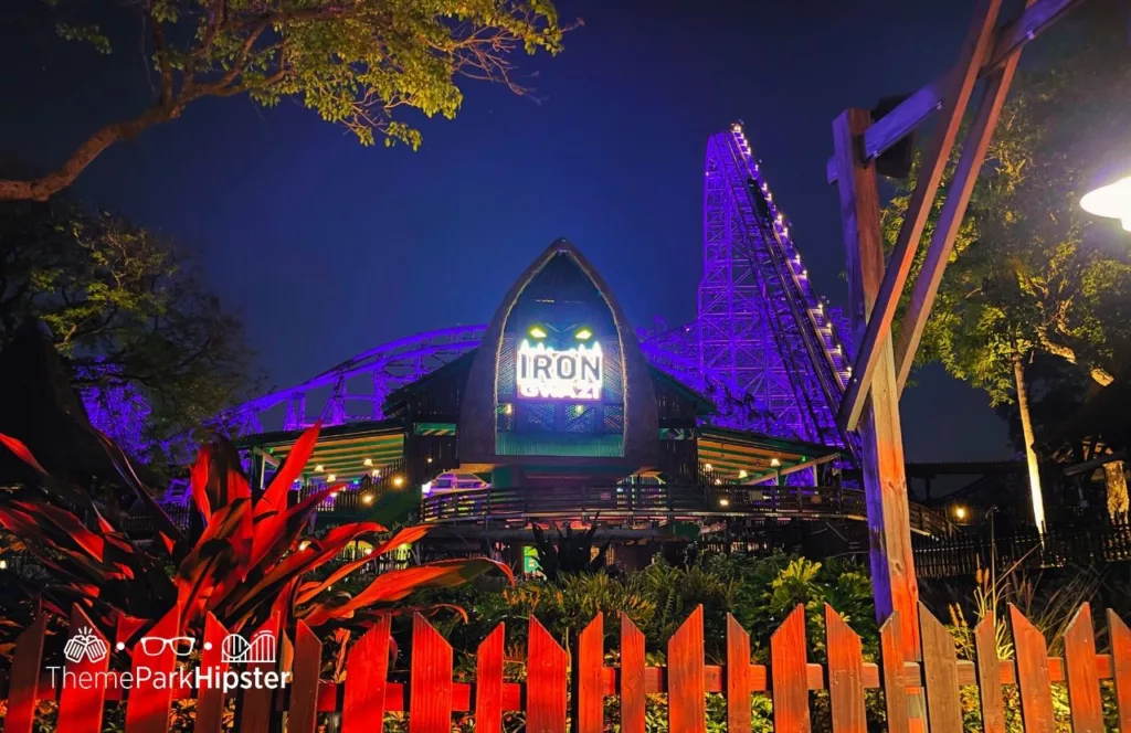 Busch Gardens Tampa Food and Wine Festival Iron Gwazi entrance at night. Keep reading for the battle of Iron Gwazi vs Gwazi.