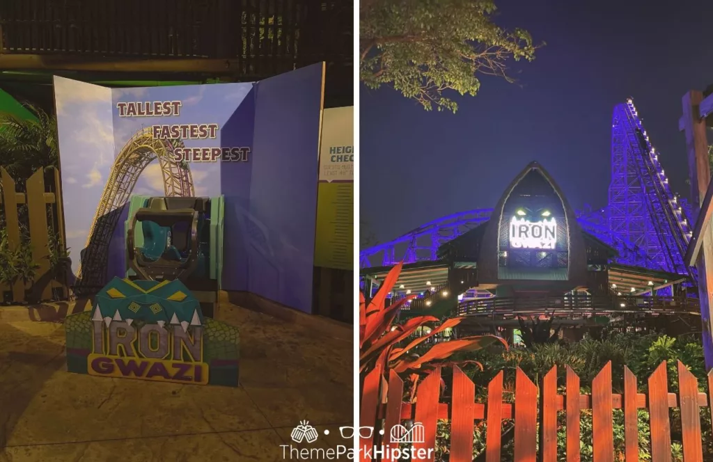 Busch Gardens Tampa Food and Wine Festival Iron Gwazi entrance at night. Keep reading for the battle of Iron Gwazi vs Gwazi.