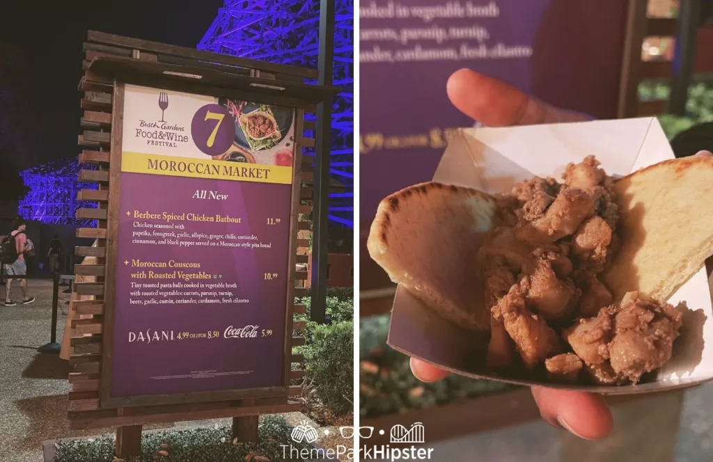 Busch Gardens Tampa Food and Wine Festival Moroccan Market Menu Berbere Spiced Chicken Batbout 