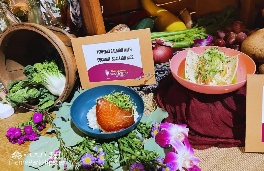 2025 Busch Gardens Tampa Food and Wine Festival teriyaki salmon with coconut scallion rice