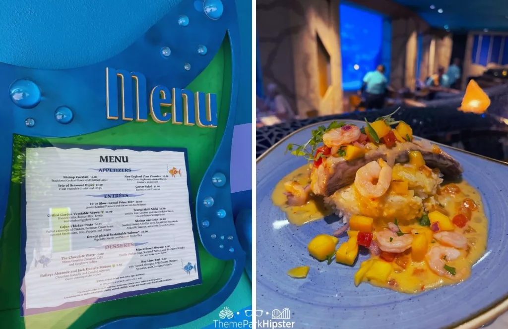 Coral Reef Restaurant at Epcot in Disney World Menu and Seared Mahi Mahi