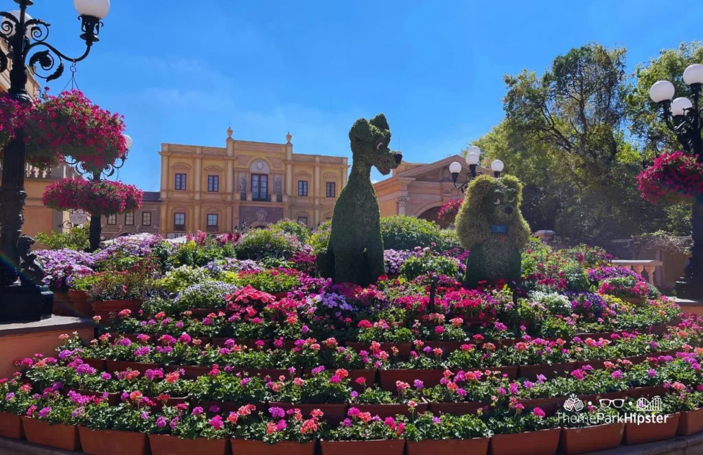 Epcot Flower and Garden Festival 2023 Italy Pavilion Lady and the Tramp Topiary