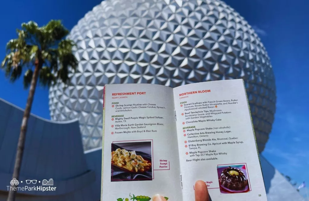Epcot Flower and Garden Festival Itinerary 2023 Menu in front of Spaceship Earth