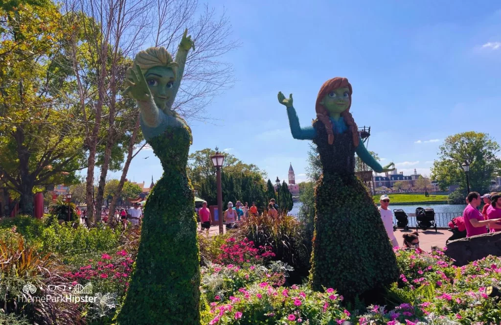 Epcot Flower and Garden Festival 2024 Norway Pavilion at Epcot Ana and Elsa Frozen Topiary