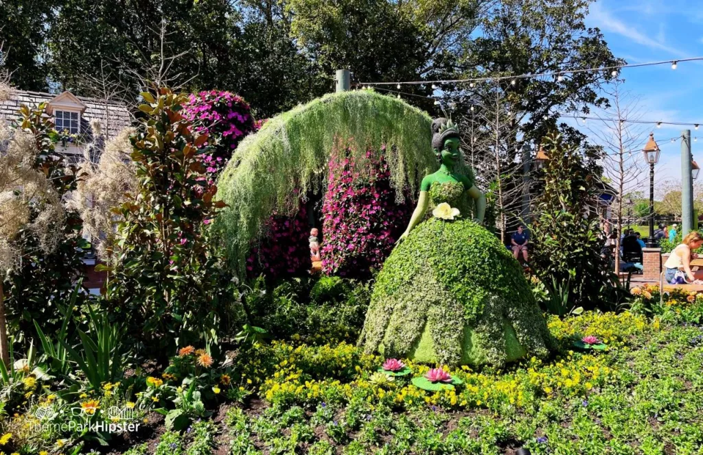 Epcot Flower and Garden Festival 2023 Princess Tiana Topiary in the American Pavilion. One of the best Epcot Festivals at Disney World!