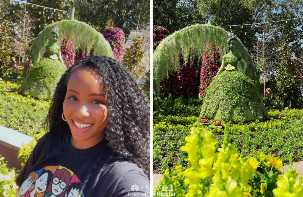 Epcot Flower and Garden Festival Princess Tiana Topiary in the American Pavilion with NikkyJ. Keep reading to get the full guide on having the best Epcot solo trip on your Disney World vacation alone.