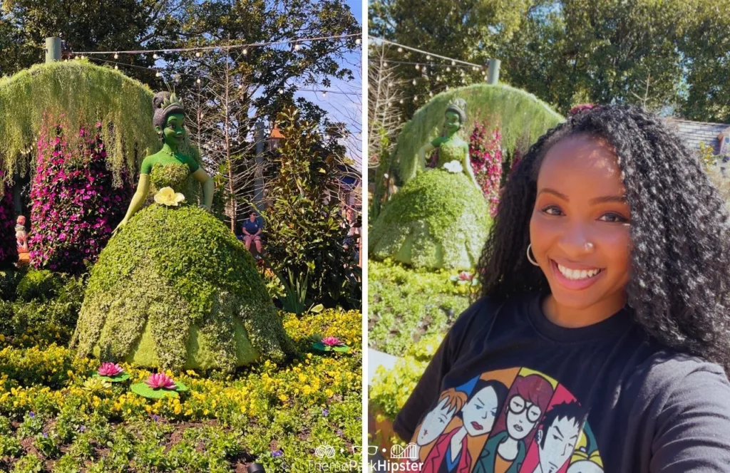 Epcot Flower and Garden Festival Princess Tiana Topiary in the American Pavilion with NikkyJ. Keep reading to get the world rides at Epcot for solo travelers on a solo disney world trip.