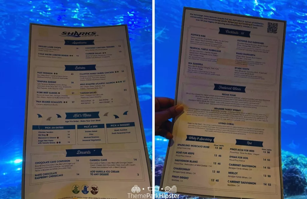 Double photo showcasing the menu for SeaWorld Orlando Resort Sharks Underwater Grill against the backdrop of the panoramic aquarium. Keep reading to discover more about Sharks Underwater Grill at SeaWorld Orlando.