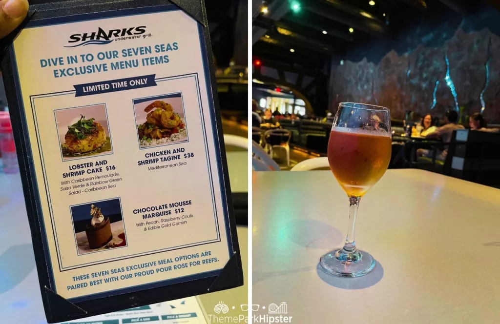 SeaWorld Orlando Resort Sharks Underwater Grill Seven Seas Food Festival Menu next to wine. Keep reading to learn more about the best SeaWorld Orlando restaurants.
