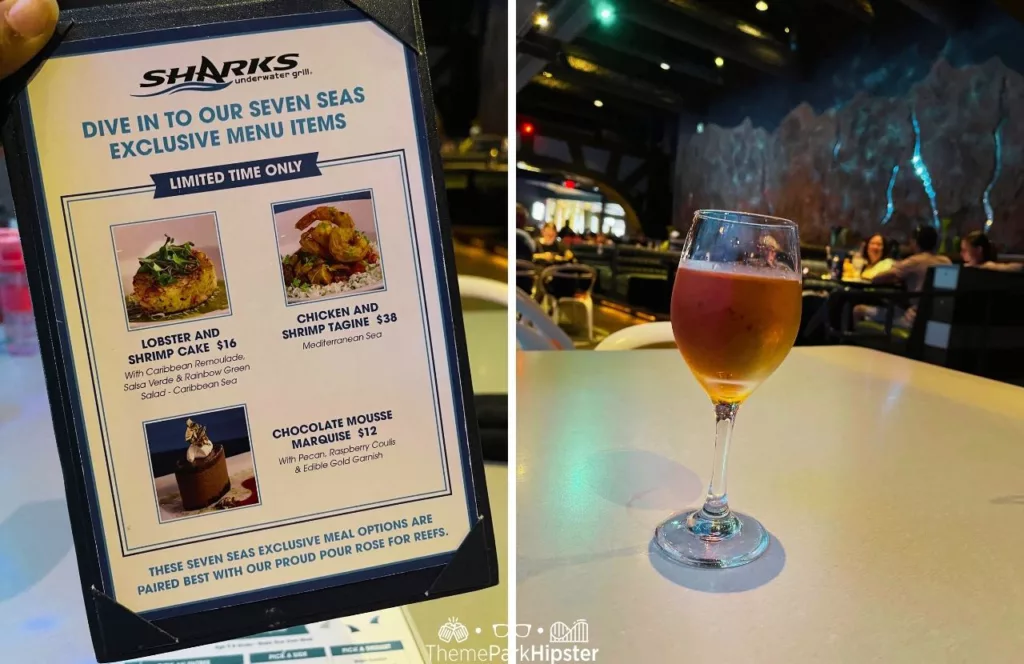 SeaWorld Orlando Resort Sharks Underwater Grill Seven Seas Food Festival Menu next to wine. Keep reading to get the best SeaWorld Orlando tips, secrets and hacks.